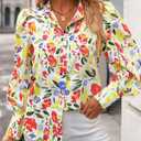 KIRUNDO Boho Tops for Women Blouses Dressy Casual 2025 Summer Fall Long Sleeve Floral Button Down Shirts Date Outfits (S)
