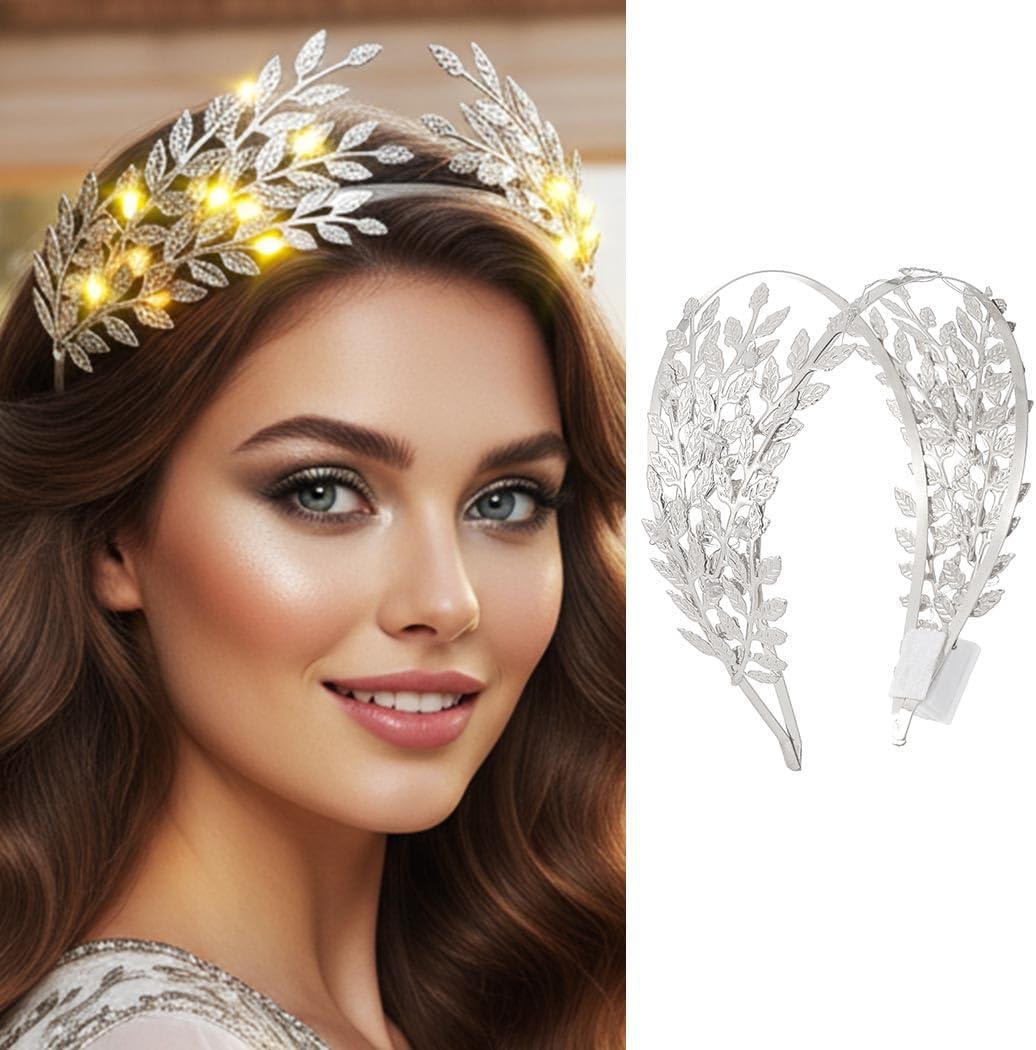 DRESBE Light Up Leaf Headband LED Greek Goddess Headbands Glow Roman Toga Hair Accessories for Women (Silver) (1 Count (Pack of 1))