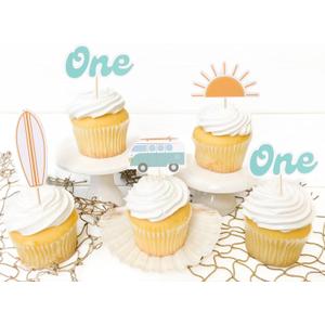 The Big One Cupcake Toppers - Retro Surfer Theme First Birthday Decor Set of 12pcs,Ocean Themed Cupcake Tops Surf Board Sun Retro Van Big One,1st Birthday Party Decorations,Photo Props for Summer