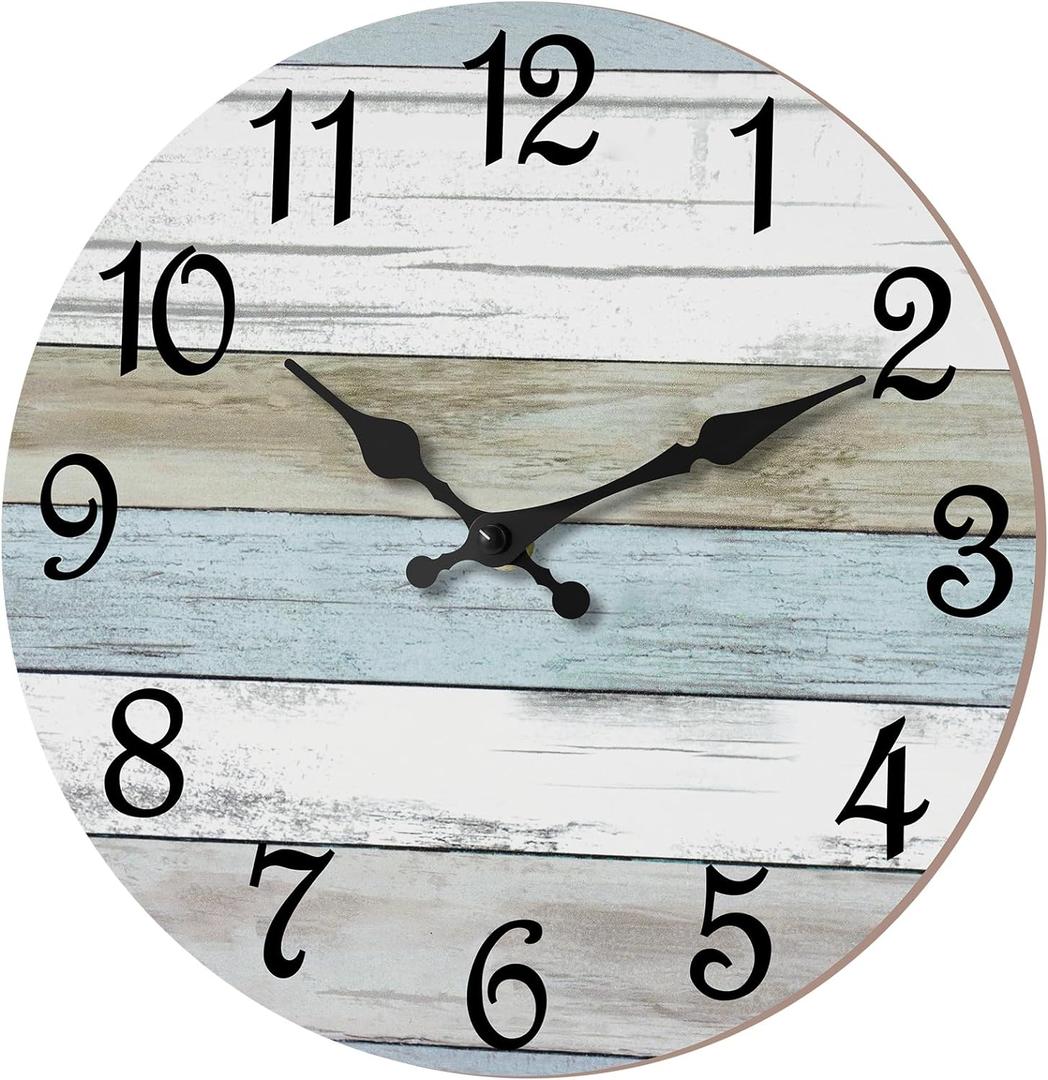 CHYLIN Wall Clock - 16 Inch Silent Non Ticking Coastal Wall Clocks Battery Operated, Wooden Rustic Farmhouse Clock Decorative for Living Room, Kitchen, Bathroom, Office (Blue)