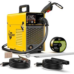 HAXIAOER 145A MIG Welder, [LCD Digital Display]110V Flux Core MIG/Lift TIG/Stick 3 In 1 Welding Machine With Synergy, Inverter Welder Equipment Kit For Home Repair Auto Restoration Metal Fabrication (Yellow)