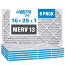 Aerostar 16x25x1 MERV 13 - 6 Count - Pleated HVAC, Furnace & Air Conditioner Filters - Removes Bacteria, Dust, Cold & Flu Germs, Lint, Mold, Pet Dander, Allergy-Causing Pollen, Smog, Smoke & Viruses