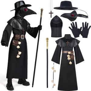 Spooktacular Creations Black Plague Doctor Costumes Set, 10 in 1 Halloween Costume Beak Mask Plague Dr Outfit for Kids (Medium)