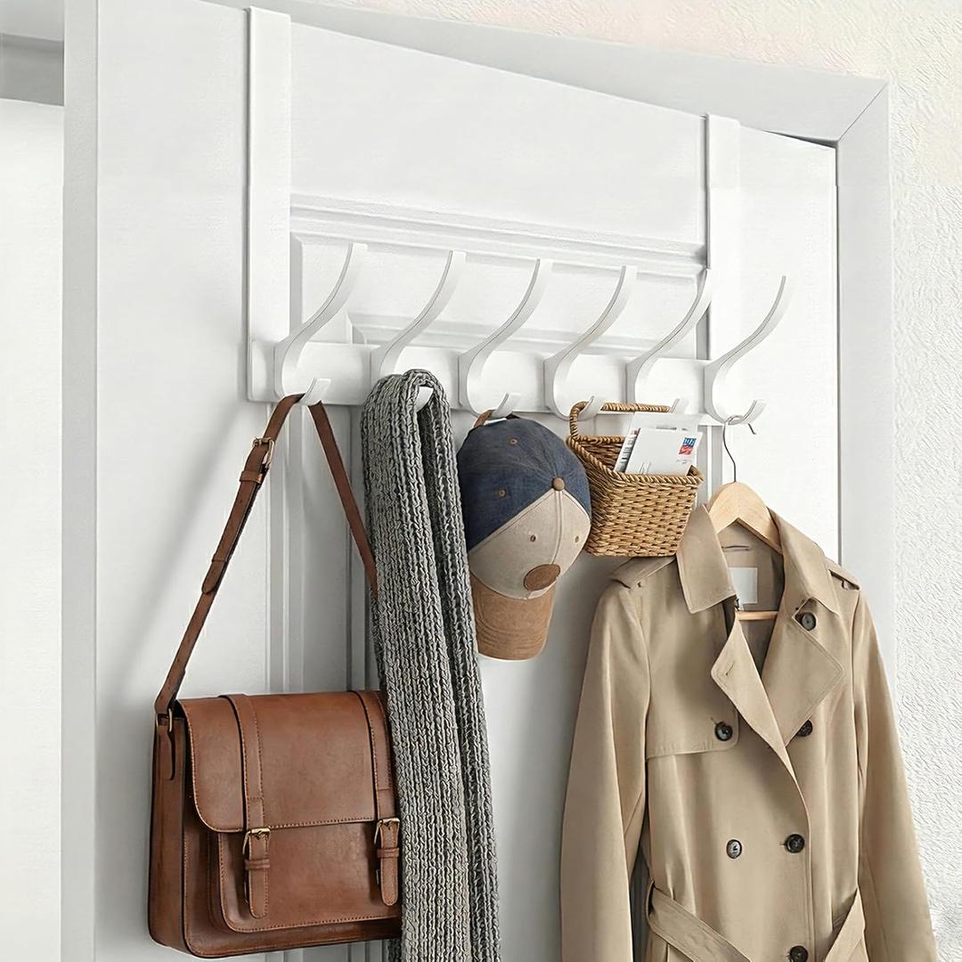 Over The Door Hooks, Sturdy Door Hanger, Large Over The Door Towel Rack with 12 Hooks, Heavy Duty Easy to Install, for Bathroom, BedroomKitchenHanging Towels, Coats (White) (1-3/4" Door 7.4" Arms 1-Pack)