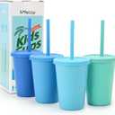 Mfacoy 4 Pack Wheat Straw Cups with Lid and Straws, 10 oz Unbreakable Kids Cup, Reusable Drinking Cups, Small Water Cup, Colourful Tumbler Cups for Kitchen, BPA Free, Dishwasher & Microwave Safe (Blue)