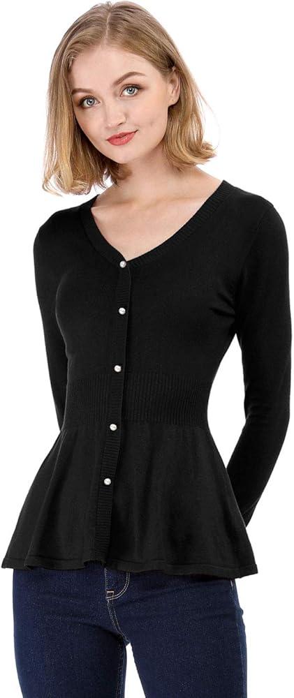 Women's Button Down Peplum Cardigan V Neck Long Sleeve Ribbed Knit Fall Tops, Black, M