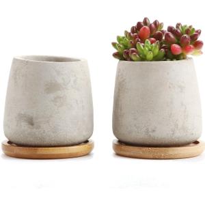 T4U 2.5 Inch Cement Serial Raised Sucuulent Cactus Plant Pots Flower Pots Planters Containers Window Boxes with Bamboo Tray Grey - Pack of 2