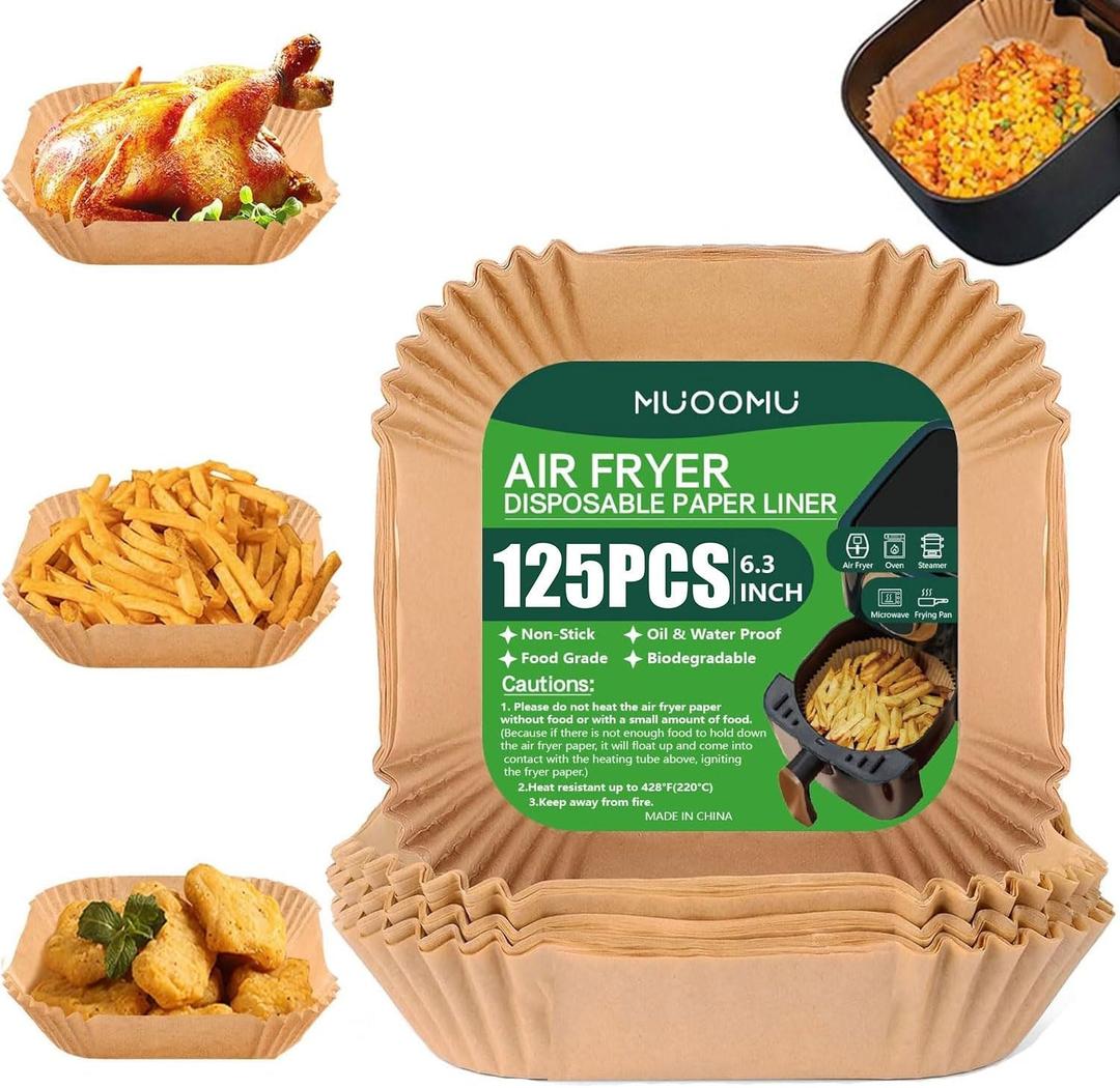 Air Fryer Disposable Paper Liners Square, Non-Stick Parchment, AirFryer Accessories for Baking Microwave Oven Frying Pan, Oil Proof, Water Proof (125PCS, 6.3inch)