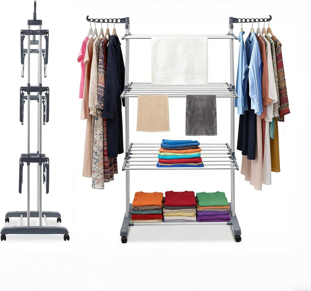 Foldable Clothes Drying Rack, 4 Tier Metal Clothes Rail with Wheels 7 Windproof Hooks Clothes Horses Rack Laundry Garment Dryer Stand with 2 Side Wings Indoor, Outdoor, Bedroom, Loft (Gray)
