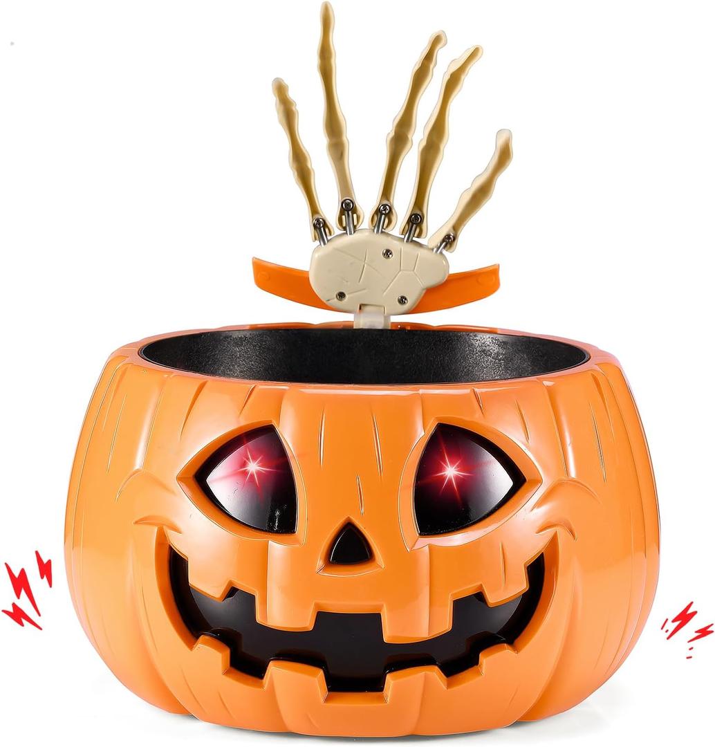 Halloween Candy Bowl Animated Pumpkin Candy Holder with Moving Skeleton Hand Creepy Sound and Red Eyes for Halloween Decorations Indoors and Trick or Treats