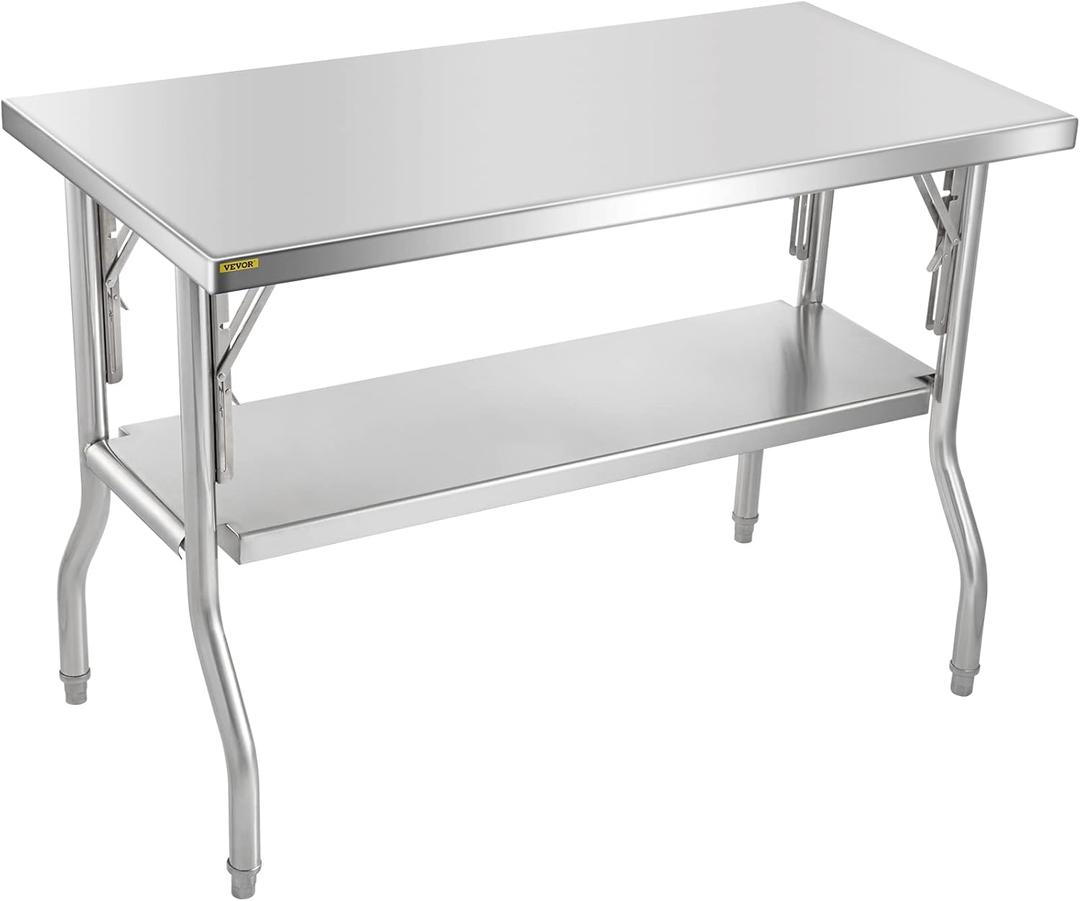 VEVOR Commercial Worktable Workstation 48 x 24 Inch Folding Commercial Prep Table, Heavy-duty Stainless Steel Folding Table with 772 lbs Load, Kitchen Work Table, Silver Stainless Steel Kitchen Island