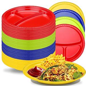 Umigy 100 Pcs 10 Inch 3 Compartments Divided Plastic Plates Bulk Colorful Disposable Heavy Duty Round Dinnerware for Valentine Wedding Birthday Party(Multicolor)