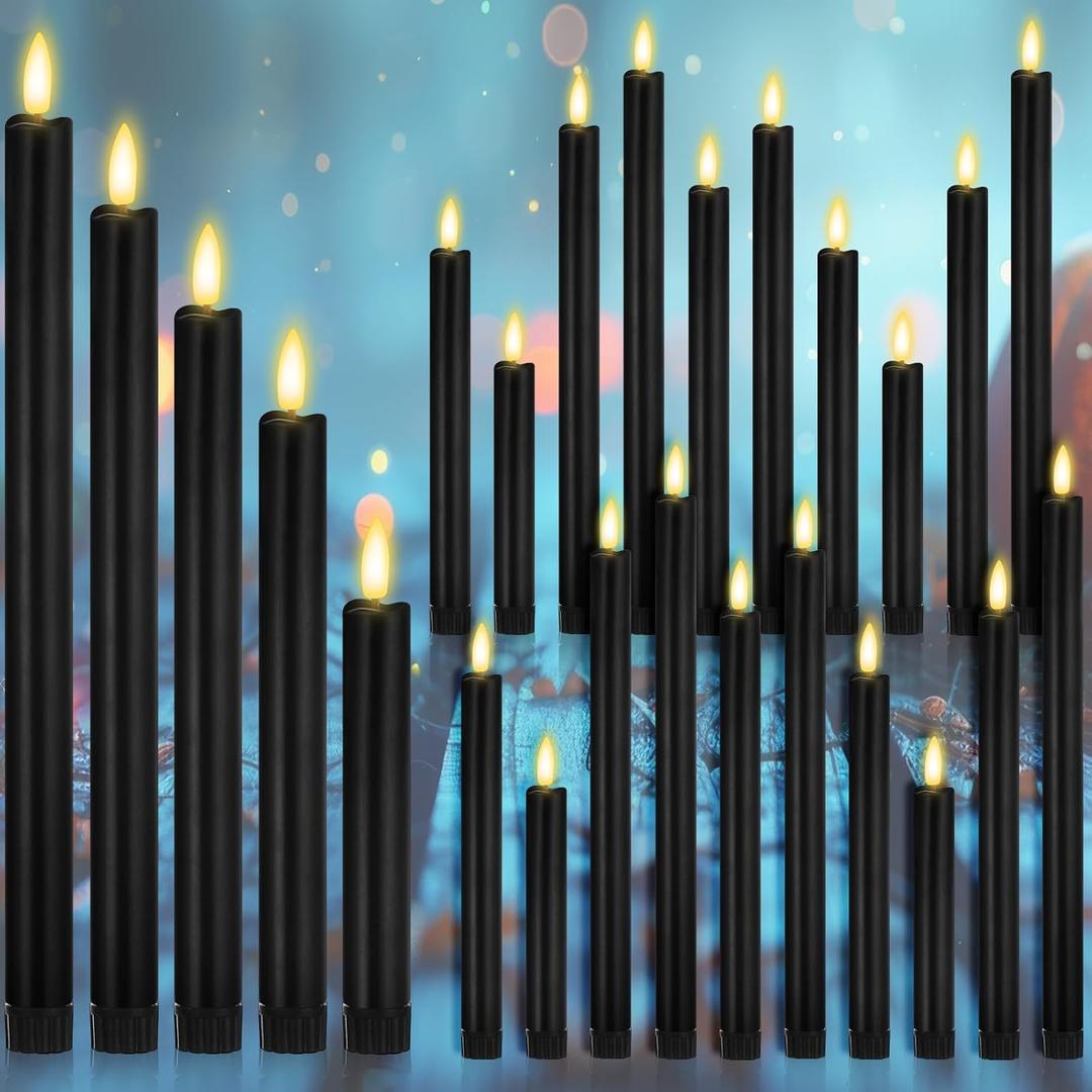 20 Pcs Flameless LED Taper Candles Battery Operated Taper Candles 5 Sizes of 6.5'', 7.7'', 8.8'', 10.0'', 11.2'' Flameless Candlesticks Flickering with 3D Flame for Wedding (Black)