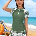 Girls Swimsuit Size 8 Rash Guard Swimsuit 2 Piece Girls Bathing Suits Size 8-10 Short Sleeve Color Block Girl Size 8 Swimsuits UPF 50+ Sun Protection Padded Zip Swimwear with Shorts