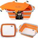 New XL Collapsible BBQ Prep Tub wtih LOCKING Lid, Cutting Board & Drain Hole | BPA-Free, Food-Grade, Recyclable, Space-Saving Caddy for Grilling, Camping, Kitchen & Outdoor Cooking (Orange, 16 Liters)