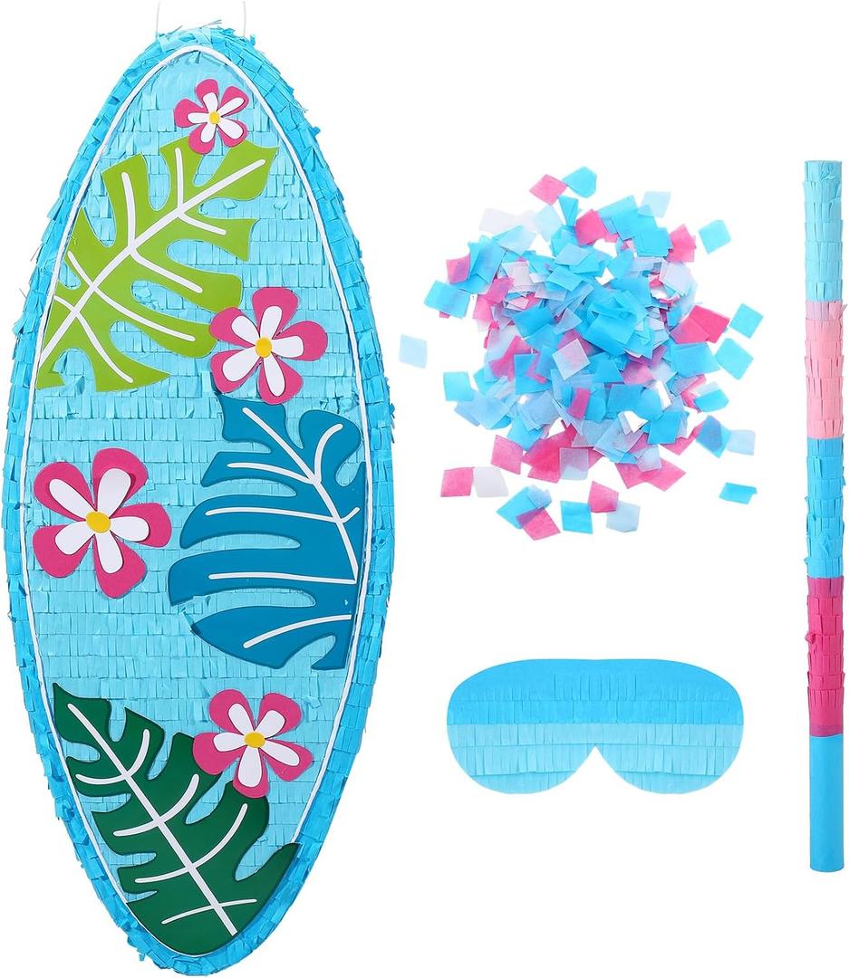 23 Inch Blue Surfboard Piata with Stick Blindfold Confetti, Hawaii Beach Theme Surfboard Piata Red Frangipani Palm Leaves Patterned for Summer Luau Birthday Party Decorations