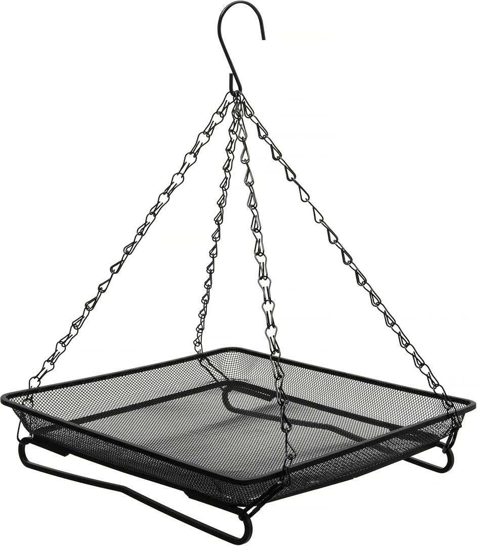 Ground and Hanging Bird Feeder Tray - Can Mount on Patio Handrail - Sturdy Black Metal Mesh Tray - for Wild Bird Seed Feeding - Complete with Re-usable Nylon Ties