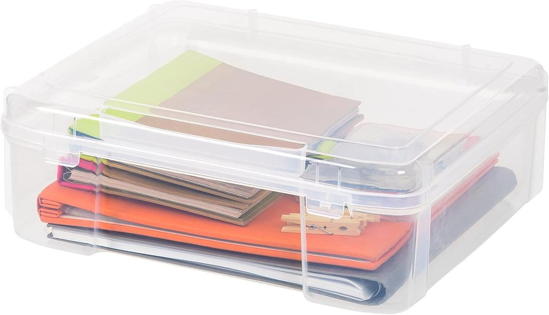 IRIS USA Fits 12" x 12" Paper, Thick Portable Plastic Scrapbook Project Case with Built-in Handle for Art and Craft Supplies, Yarn, File, Paper, Office Documents, Toys, Rounded Corner, Clear