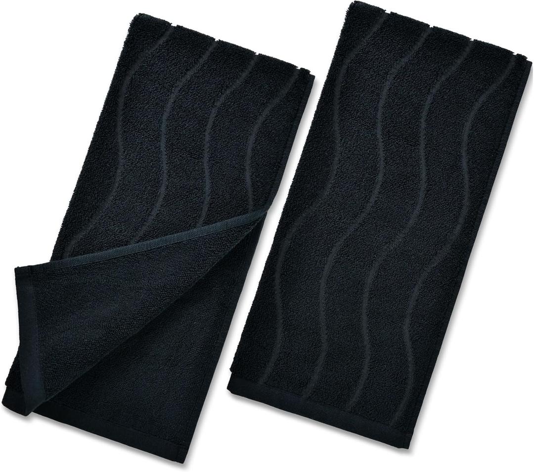 Hand Towels with Wavy Jacquard - Black Face Towels for Bathroom, 2 Piece, Cotton, 13x29 Inches