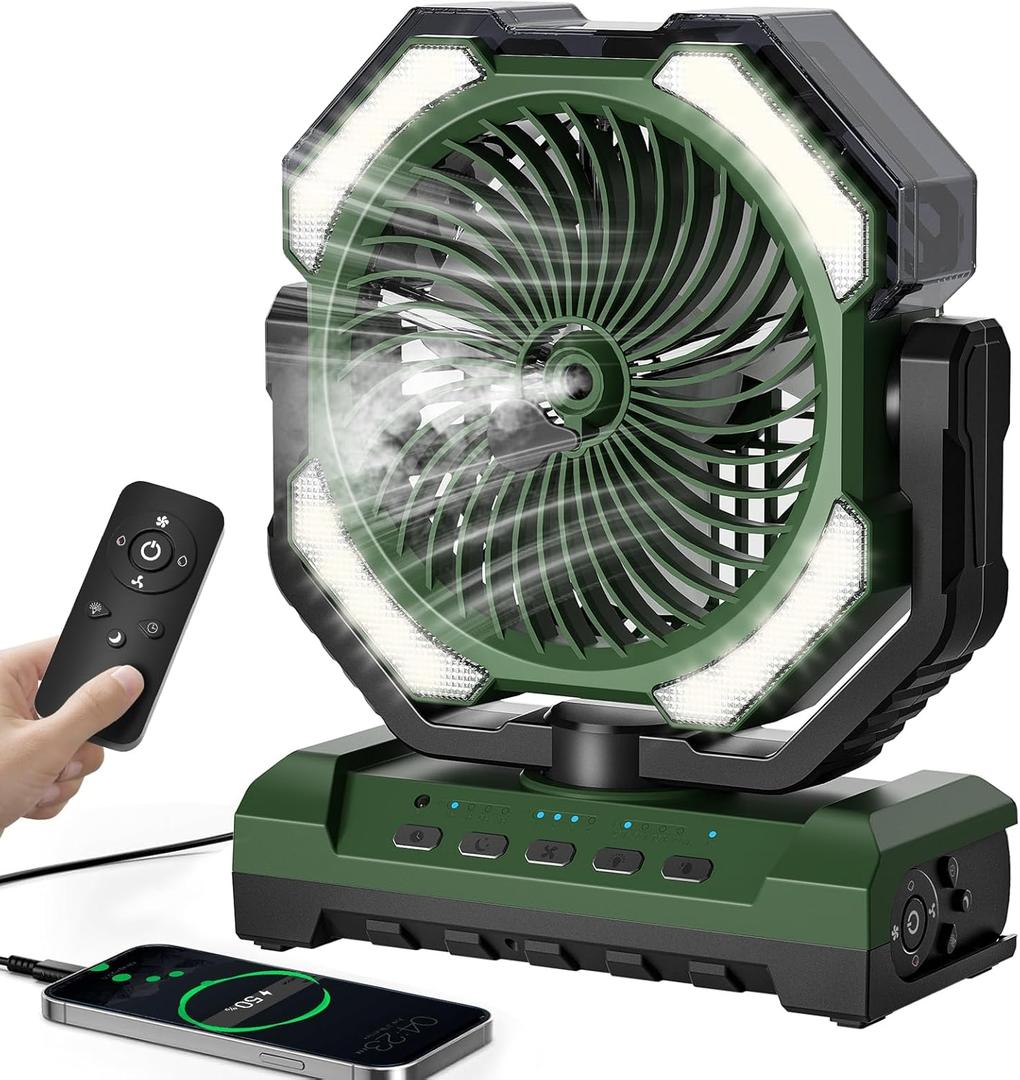 20000mAh Portable Misting Fan, USB Rechargeable Camping Fan with LED Light, Personal Battery Operated for Outdoor, Tents, Beach, Travel - 250mL Water Tank & Hook Included, Green.