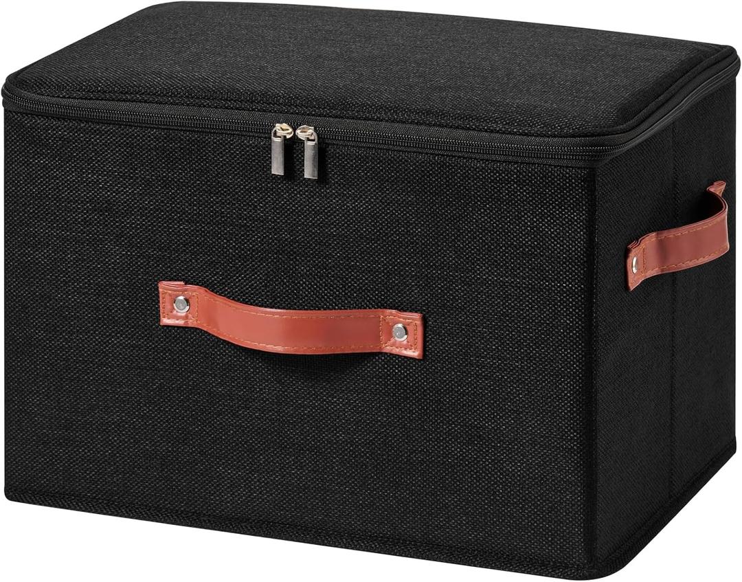 Storage Bin Box with Zippered Lid Decorative Collapsible Basket | Cotton Linen Fabric, Washable Foldable Stackable Clothes Container, Closet Shelf Organizer w/ PU Leather Handles, Black-Large