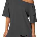 Remidoo Women Distressed Ripped Off the Shoulder Tops Summer Sexy Short Sleeve Oversized Tshirt (Gray, S)