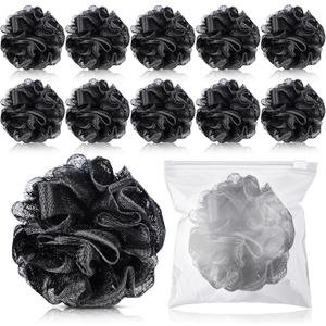 Funnymoom 12 Pcs Travel Size Loofah Individually Wrapped, Small Shower Puff Bath Sponge Pouf Ball Bulk Mesh Bath Puff Mini Loofah Sponge with Case Bulk for Shower Care (25g,Black)