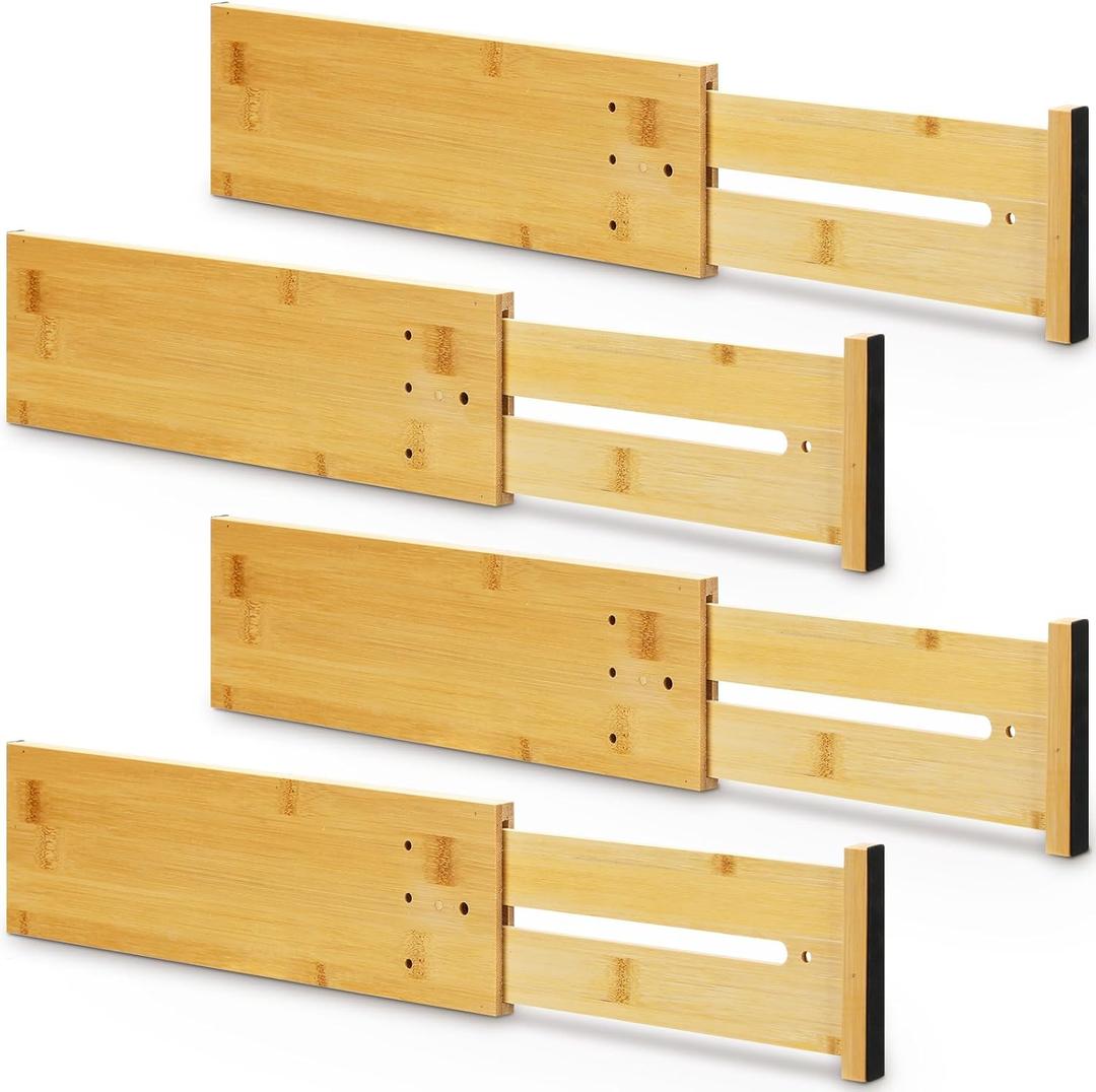 4 Pcs Deep Drawer Dividers for Clothes Adjustable 5" High Expandable from 15"-22" Bamboo Drawer Wooden Separators Spring Loaded for Dresser Baby Clothes Kitchen Office Storage
