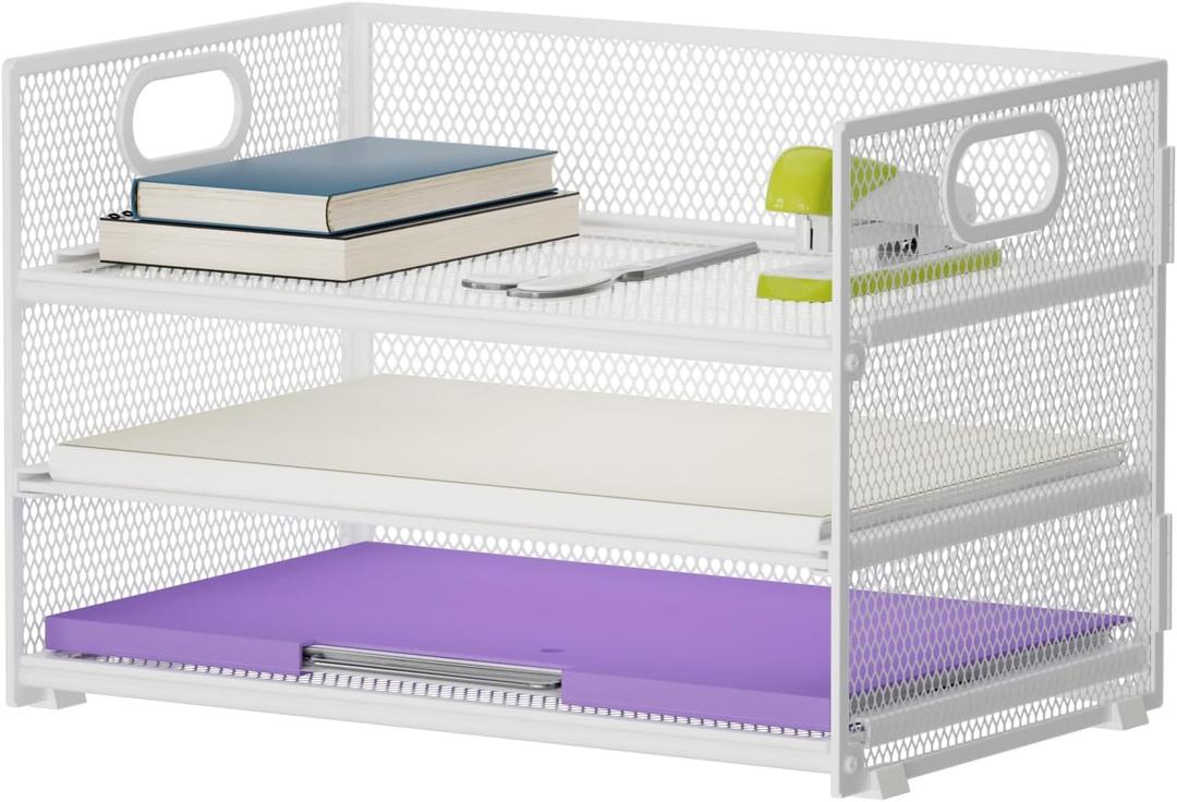 Marbrasse 3 Tier Paper Organizer Letter Tray, Mesh File Organizer with Handle, Paper Sorter Desk Organizer for Home Office Supplies (White)