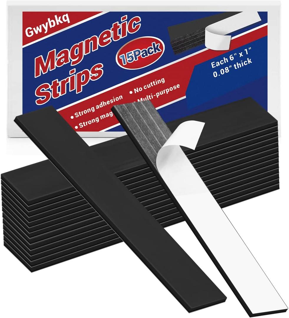 Magnetic Strips 15 Pack Flexible Magnetic Tape with Adhesive Backing Magnet Strips (Each 6" x 1", 0.08" Thickness) Heavy Duty and Strong Magnet Tool