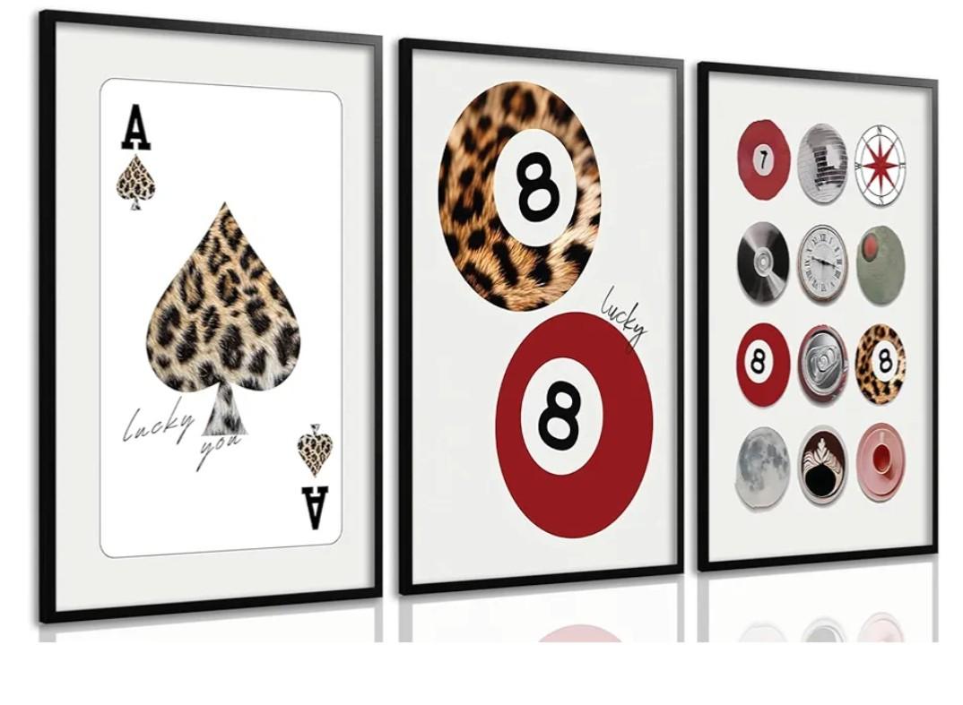 Trendy Leopard Canvas Posters Set of 3 Funky Lucky 8 Ball Spades Poker Wall Art Prints Preppy Room Aesthetic Painting Cheetah Wall Decor Pictures for Girls Bedroom Apartment Dorm 16x24in Framed