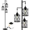 Industrial Floor Lamp, Metal Farmhouse Tall Lamp for Living Room, Rustic Standing Lamp with 3 Elegant Cage Heads, Tree Floor Lamps for Bedrooms, Home Office, Bar, 68", Black, Bulb Not Included