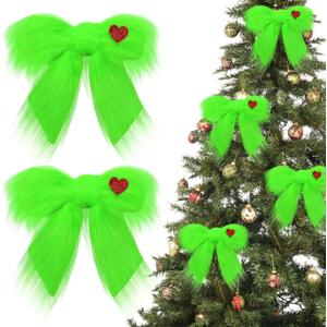 4 Pcs Christmas Large Green Furry Bow with Red Heart Lime Green Christmas Tree Topper Bow Decoration Gift for Xmas Home Decor Outdoor Indoor Car Ornament