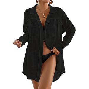 Bsubseach Long Sleeve Cover Up Shirt Oversize Button Down White Woman Black Coverup