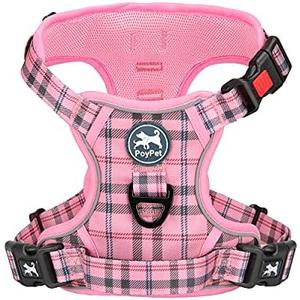 PoyPet No Pull Dog Harness, Reflective Adjustable No Choke Pet Vest with Front & Back 2 Leash Attachments, Soft Control Training Handle for Large Dogs(Checkered Pink,L)