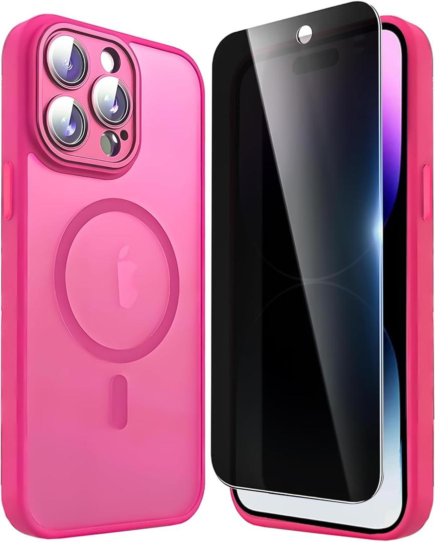 Privacy Case for iPhone 14 Pro,Magnetic iPhone 14 Pro Phone Case with Privacy Screen Protector X2 & Camera Protector [Compatible with MagSafe],Translucent Matte Shockproof Cover-Rose Red