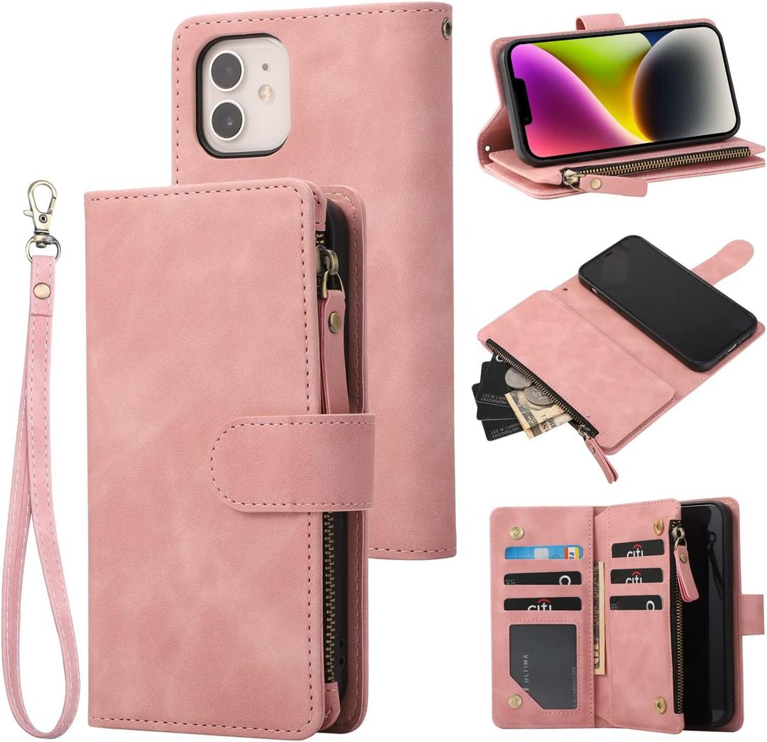 RANYOK Wallet Case Compatible with iPhone 12/12 Pro (6.1 inch), Premium PU Leather Zipper Flip Folio RFID Blocking Wallet with Wrist Strap Built-in Kickstand Protective Case - Pink