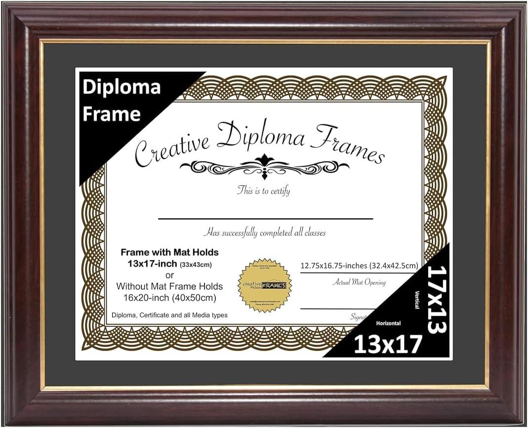 Creative Picture Frames 13x17 Mahogany Gold Rim Diploma Frame with Black Mat Glass and Installed Wall Hangers | Frame Holds 16x20 Media without Mat