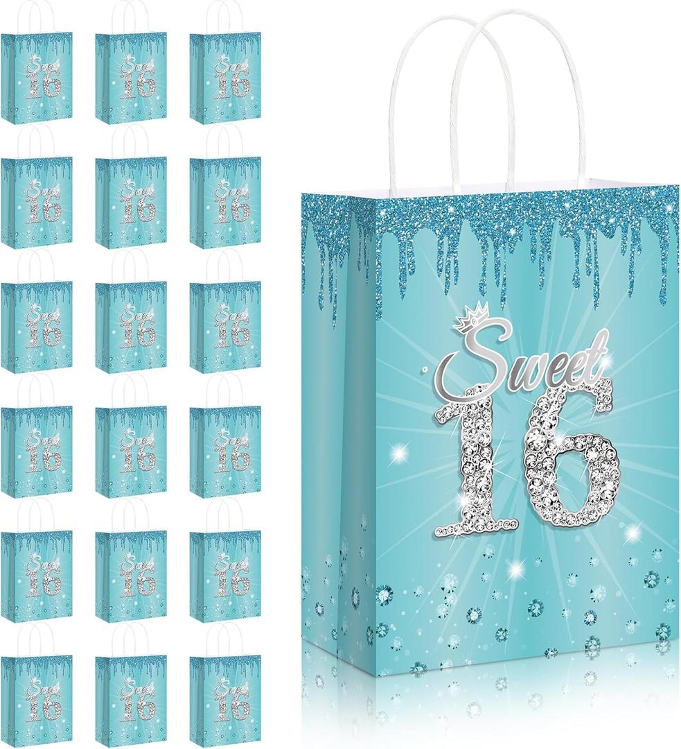 Teling 18 Pcs Sweet 16 Party Favors Sweet 16th Birthday Gift Bags Goodie Candy Treat Bags with Handle Decorations for 16th Birthday Party Supplies(Blue)