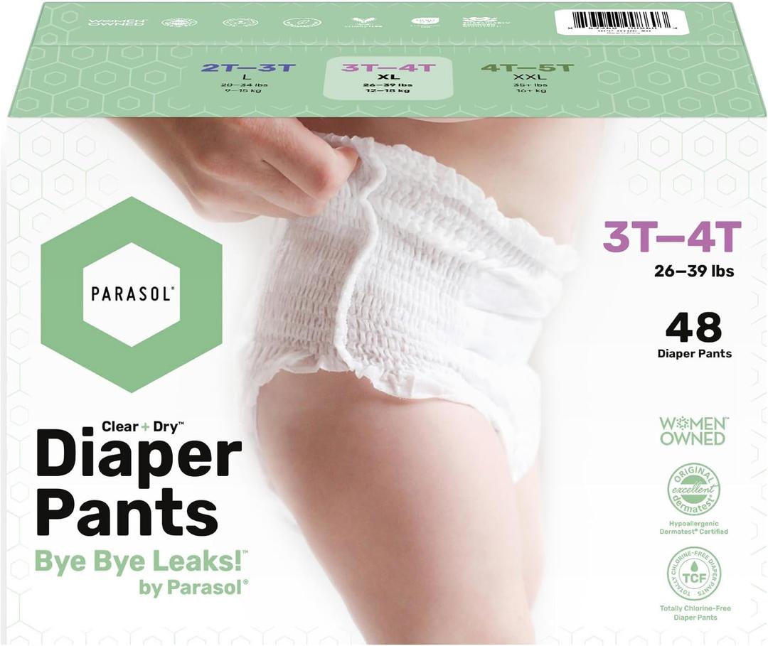 Parasol Chlorine Free Disposable Diaper Pants, Size 5 (3T-4T) 48 Count, Pull Up-Style with RashShield Protection and Active 360 Comfort Wrap, Hypoallergenic Training Diaper