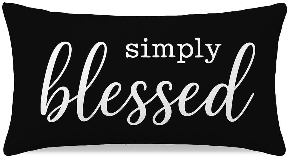 Throw Pillow Cover 12x20 for Sofa Couch or Bed, Black and White Simply Blessed Lumbar Decorative Cushion Case, Fall Winter Bedroom Decor and Modern Faith-Inspired Accent