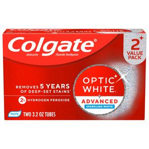 Colgate Optic White Advanced Hydrogen Peroxide Toothpaste, Teeth Whitening Toothpaste Pack, Enamel-Safe Formula, Helps Remove Tea, Coffee, and Wine Stains, Sparkling White, 2 Pack, 3.2 oz