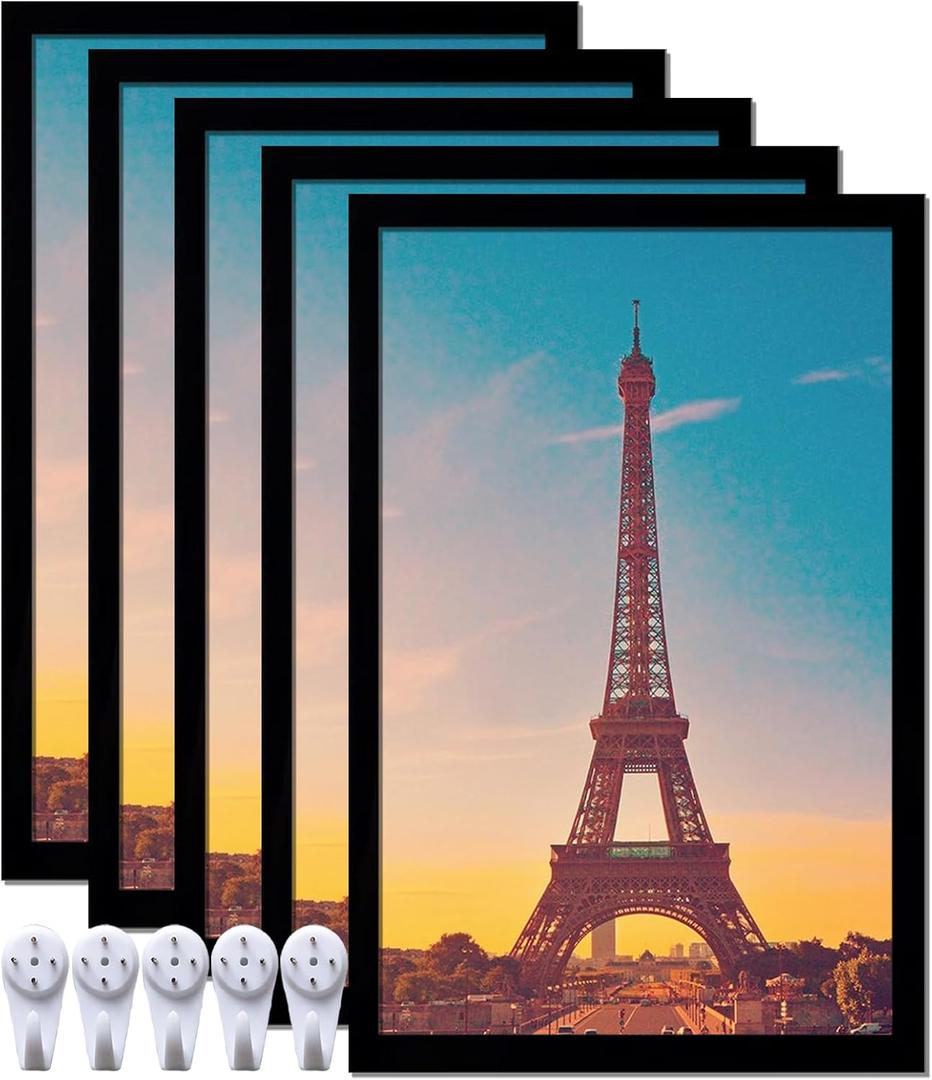 11x17 Picture Frame Set of 5, Black Photo Frames High Transparent Wall Gallery Desktop Horizontal Vertical for Canvas Collage Photo Poster Certificate 11 x 17 inches