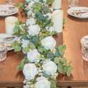 5FT Artificial Eucalyptus Garland with Flowers, 6 White Roses Baby Breath Garland Floral Greenery for Wedding Party Centerpiece Table Runner Backdrop Wall Decor Decoration