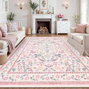GarveeHome 10x14 Area Rugs for Living Room Machine Washable Floral Rugs Soft Stain Resistant Non-Slip Backing Low Pile Floor Carpet for Bedroom Girls Room Farmhouse Pink