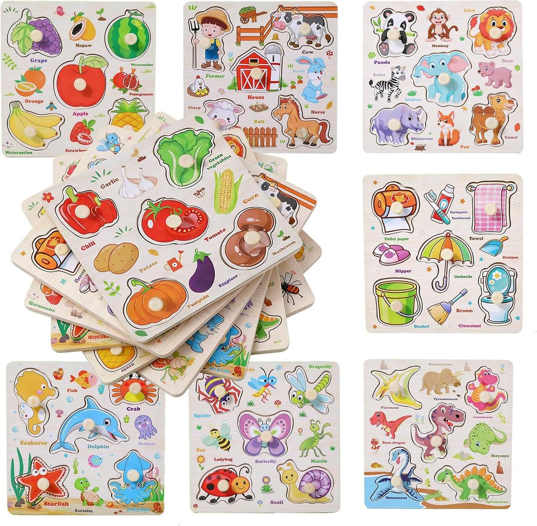 8 x Wooden Puzzles for Toddlers 1-3, 8 Pack Peg Puzzles for Kids with Animals, Dinosaurs, Fruits, Vegetables, Educational Preschool Learning Toys, Birthday Gifts for Boys, Girls