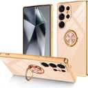 Dinick for Samsung Galaxy S25 Ultra Case with Ring Holder Kickstand, Soft TPU Gold Plated Cover, Anti-Scratch Shockproof Protection, Slim Magnetic Stand Case for Samsung Galaxy S25 Ultra, Pink