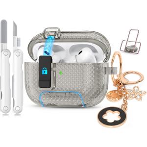 2 x for Airpods Pro 2nd/1st Generation Case Shining Black with Lock&Bling Keychain for Women&Girly,Cute Soft TPU Clear Cases Cove for Airpods Pro 2 Case with Cleaning Kit,Phone Holder Function