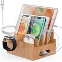 Pezin & Hulin Bamboo Charging Station for Multiple Devices with 5 Port USB Charger, 5 Cables, Smart Watch & Earbuds Stand, Desk Docking Stations Electronic Organizer for Cell Phone, Tablet, With Charger