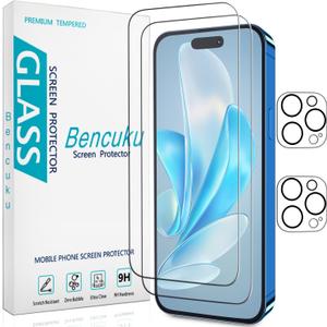 2 Pack Tempered Glass Screen Protector for iPhone 15 Pro 6.1 Inch with 2 Pack Camera Lens Protector, 9H Hardness, Bubble Free, Case Friendly